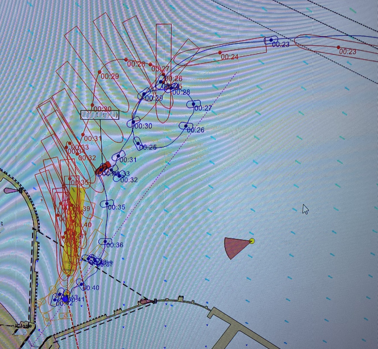 Simulation plot showing multiple manoeuvring tracks
