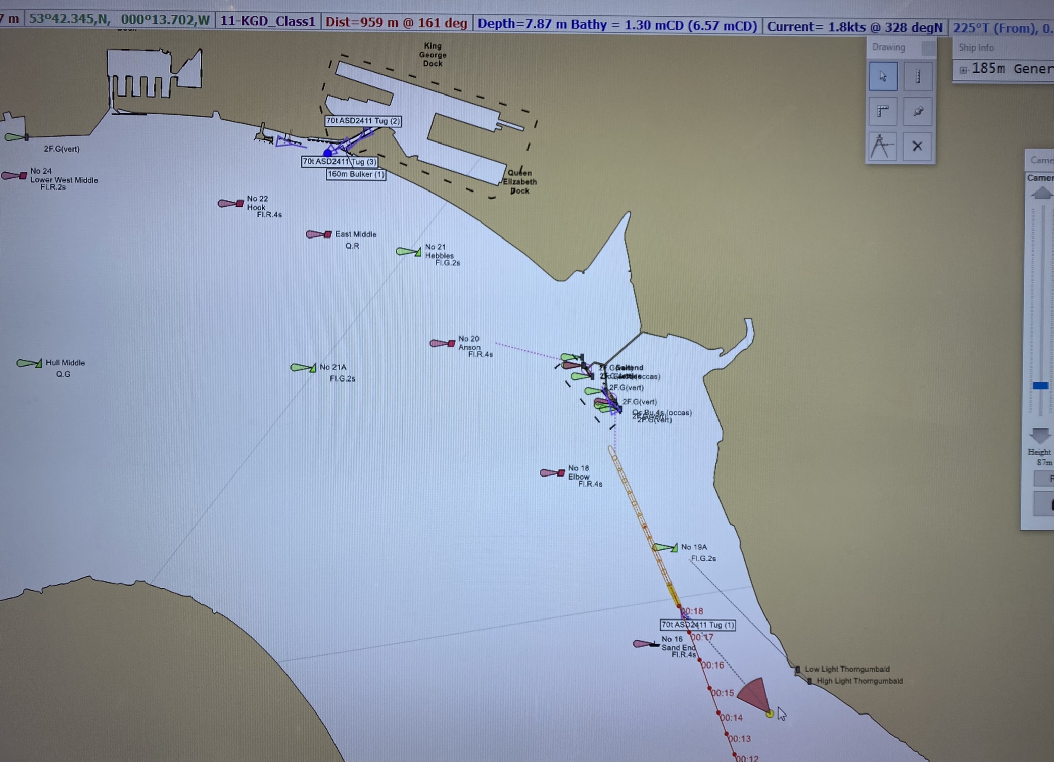 Simulation track view of harbour manoeuvring
